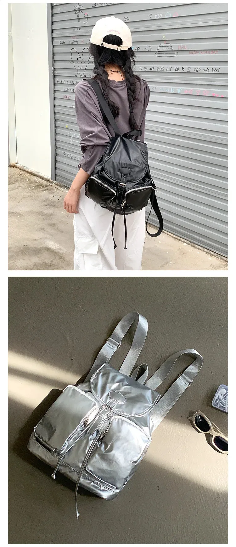 Silver Drawstring Backpack for Women - Large Capacity Casual Travel ...