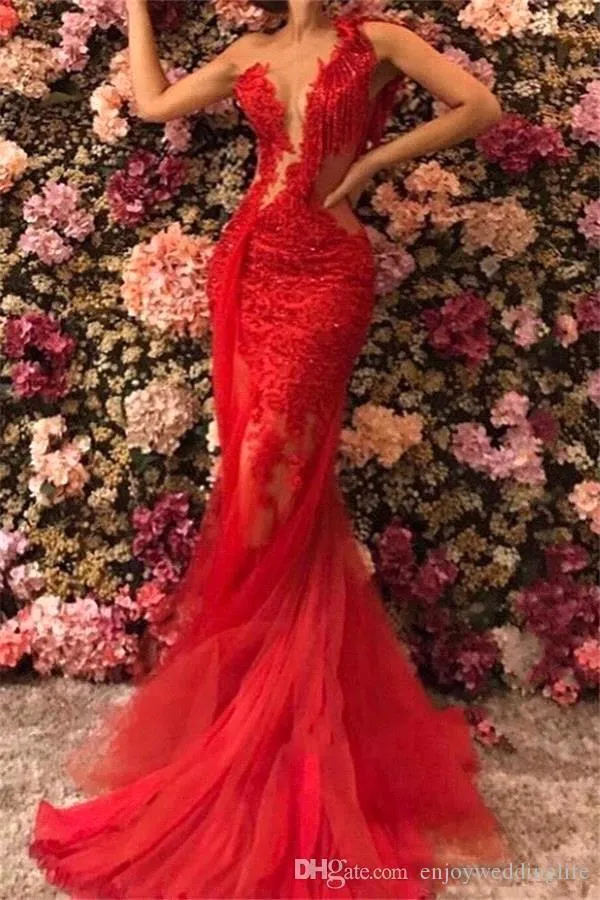 red lace see through dress Mermaid Lace Flowers Sweetheart See Through Dresses