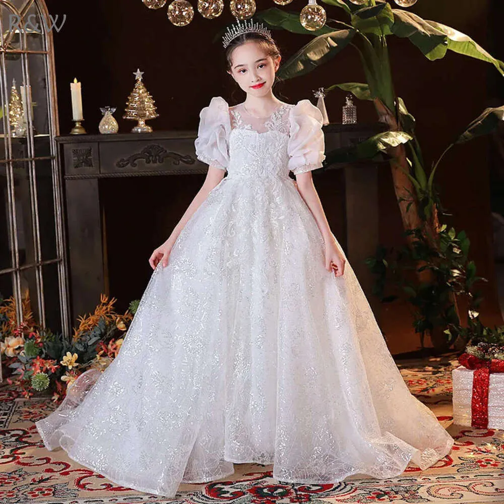 White Lace Princess Dress with Scoop Ruffles, Tulle, Pearls, and Backless