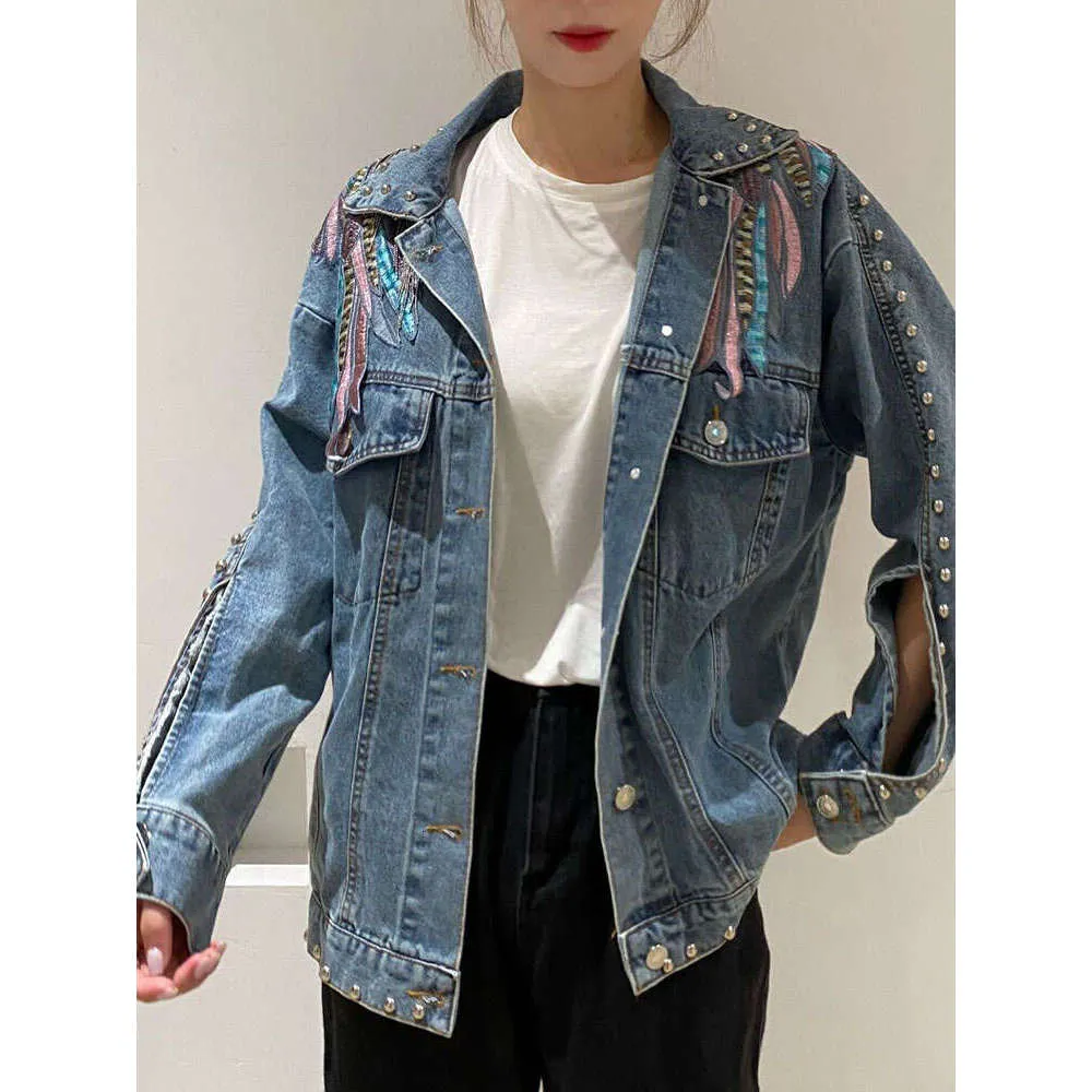 ジャケット・アウター Beads & Embroidered Design Denim Blouson Women Western Clothing Women's Pearls Beading Denim Jackets