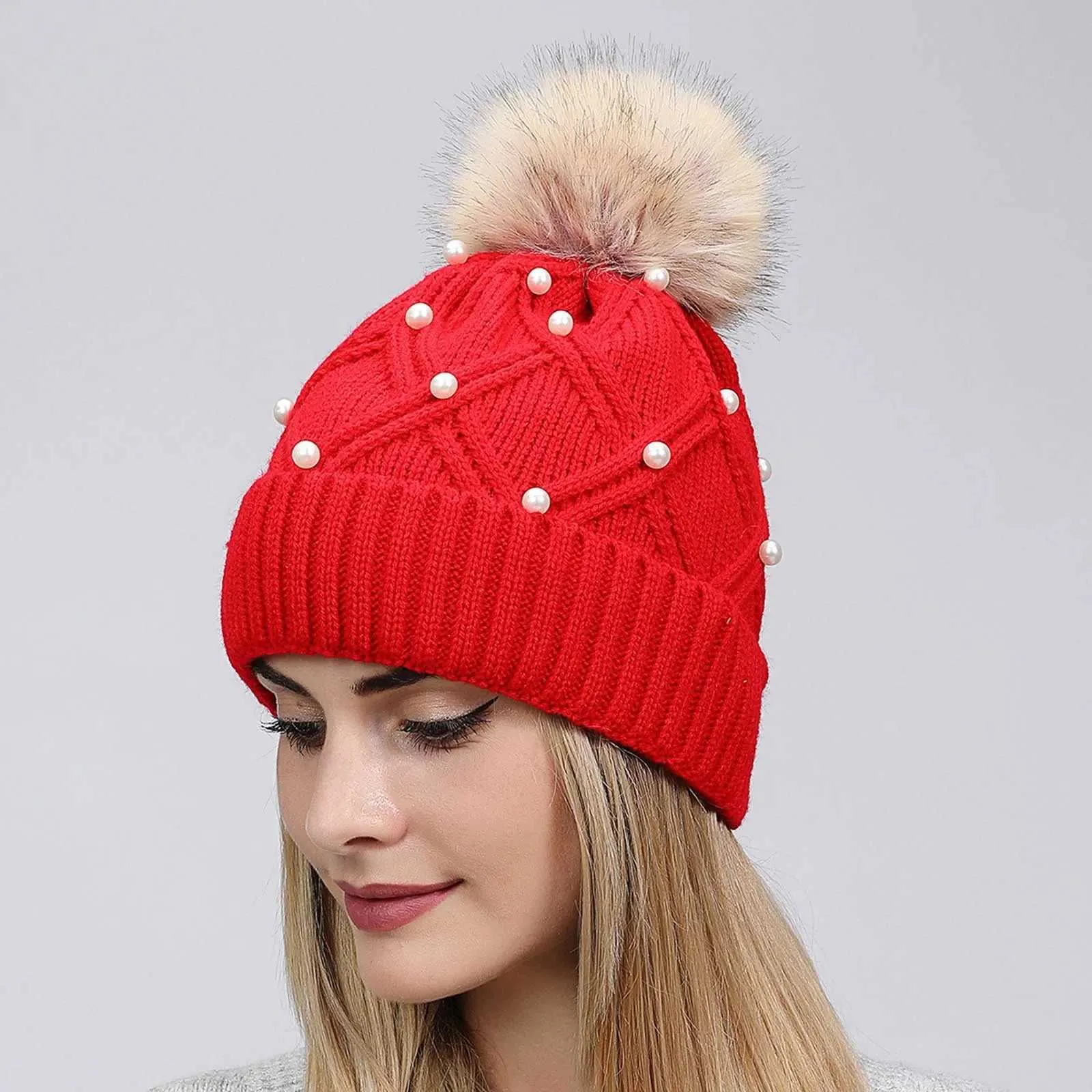 Women's Slouchy Beanie Hat With Fur Pom Pom & Pearl Beads - Winter Knit Cap, Pink, One Size