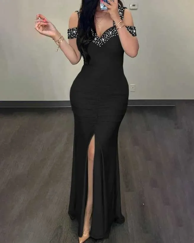 Elegant Cold Shoulder Ruffle Evening Dress with Water Diamond Detail - Long  Women's Party Gown from Dhgate Runway Dresses - price 24.43