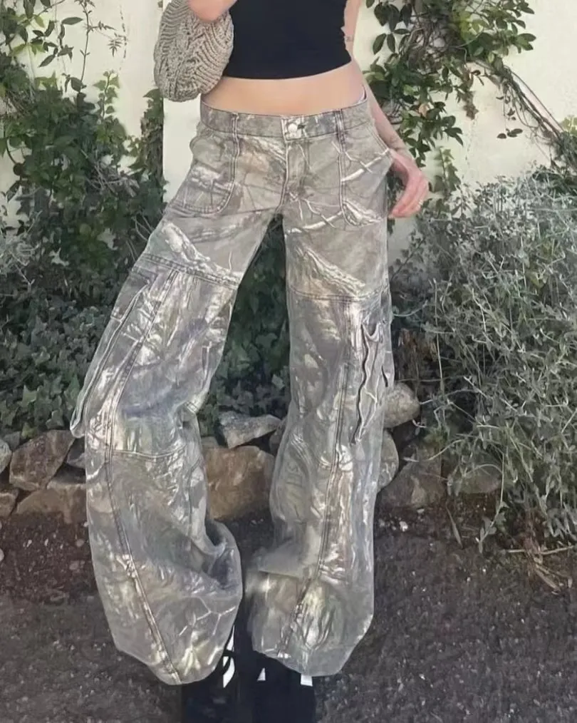 Womens Camouflage Cargo Trousers Low Waisted Baggy Y2K Camo Pants