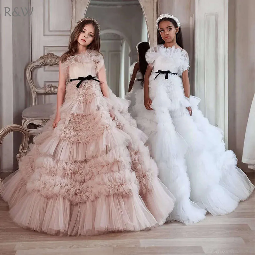 Elegant White Lace Little Kids Princess Dresses with Tulle Applique and Puffy Ruffles