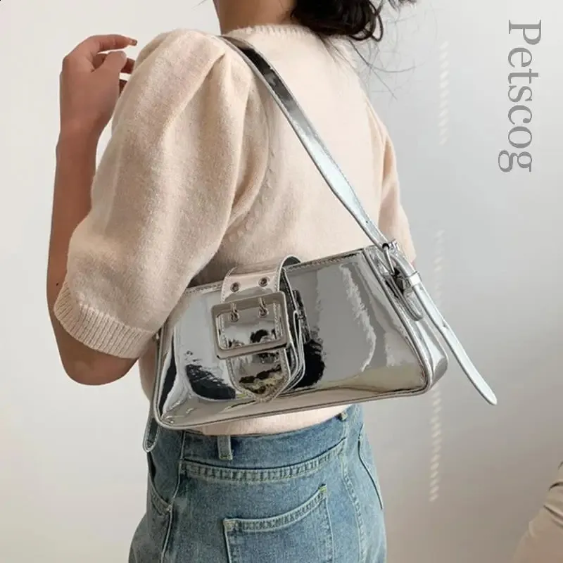 Silver Metallic Purse Chic Shoulder Bag In Glossy PU Leather
