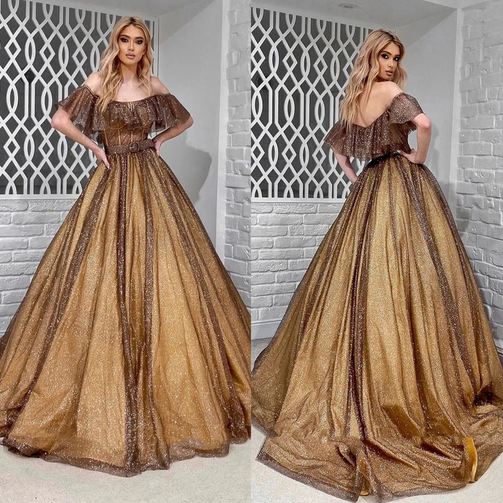 Brown and Gold Princess Prom Dress with Ruffles, Short Sleeves, Off-the-Shoulder A-Line Tulle Sequined Evening Gown Fall Winter from Dhgate Prom Dresses - price 151.11 Brown and Gold Princess Prom Dress with Ruffles, Short Sleeves, Off-the-Shoulder A-Line Tulle Sequined Evening Gown Fall Winter from Dhgate Prom Dresses - price 151.11