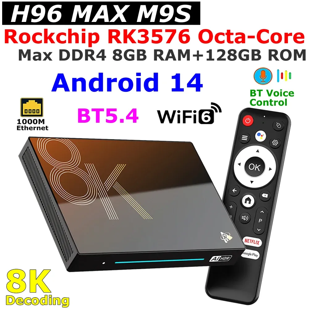 Box TV Android 14 H96 Max M9 - 8Go RAM, 128Go ROM, Processeur RK3576 Octa-Core, Wi-Fi 6, Ethernet 1G, Sortie 8K - Lecteur Multimédia 4K/8K