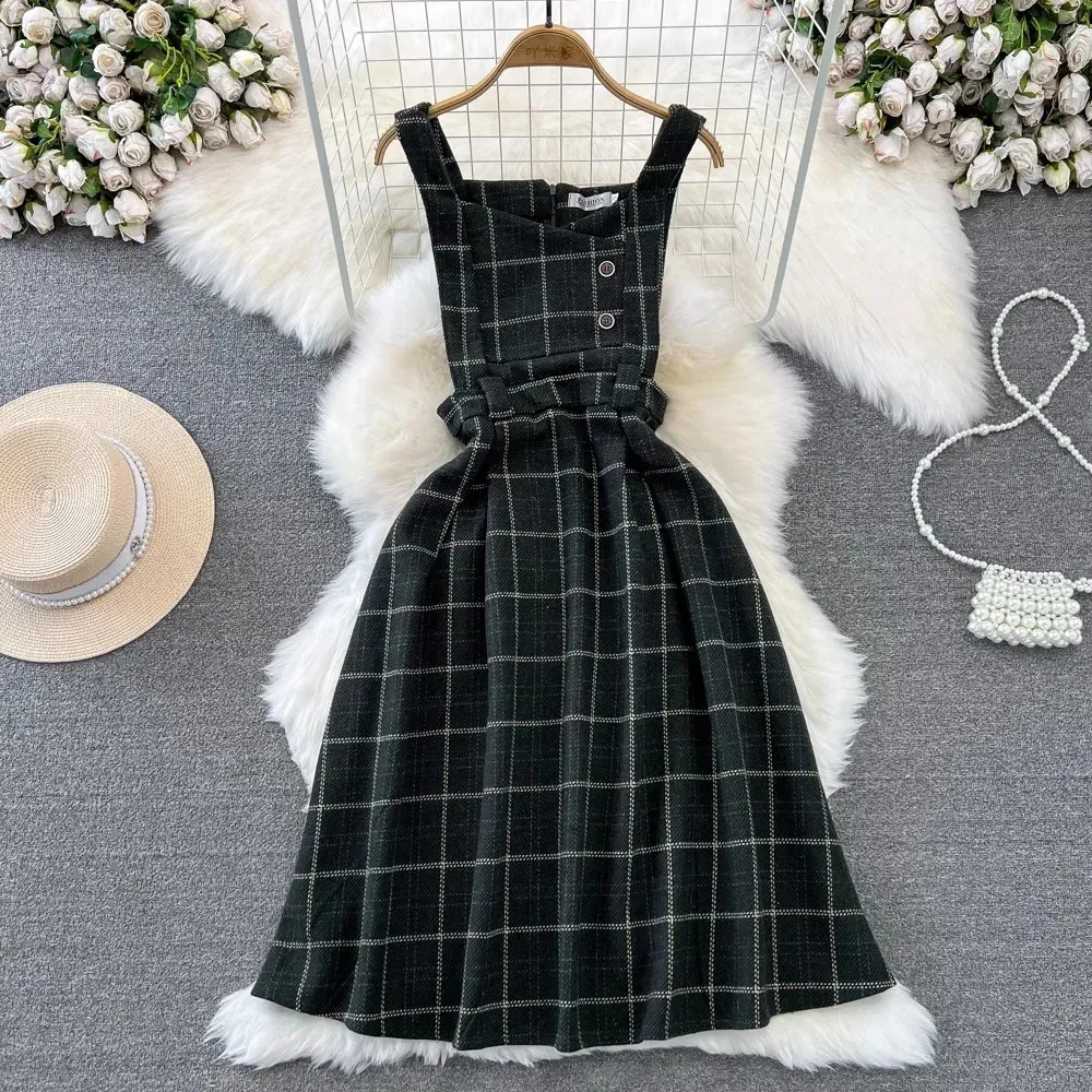 【CHICLINE】Penia Belt Tweed Dress☆韓国で大人気☆ Quality OL 2 Colors Single-breasted High Waist Tweed Dress