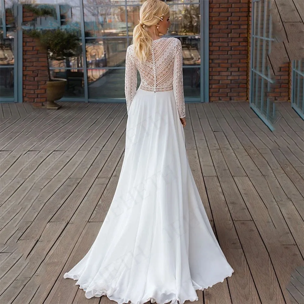 knee length dresses for ladies White Lace Sheer Long Sleeve Wedding Dresses Side Slit Chiffon Evening Dresses
