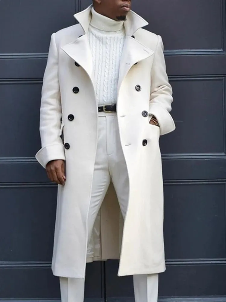 Mens White Wool Blend Long Trench Coat - Double Breasted