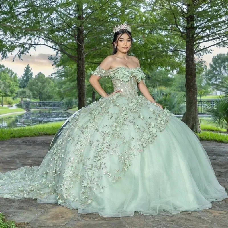 Mint Green Off Shoulder Princess Quinceanera Sage Green With 3D  