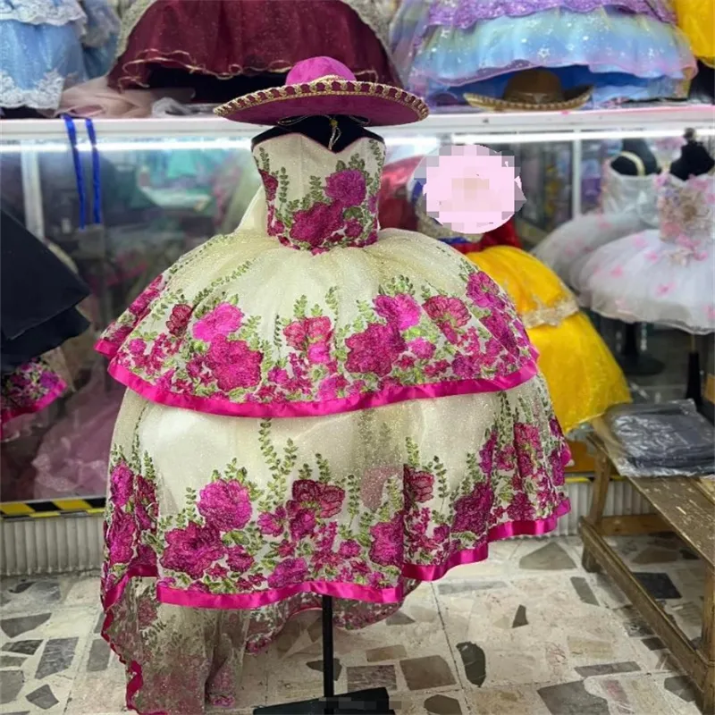 Mexican-style Black Floral Dress with Ruffled Trim for Cultural Events and Parties