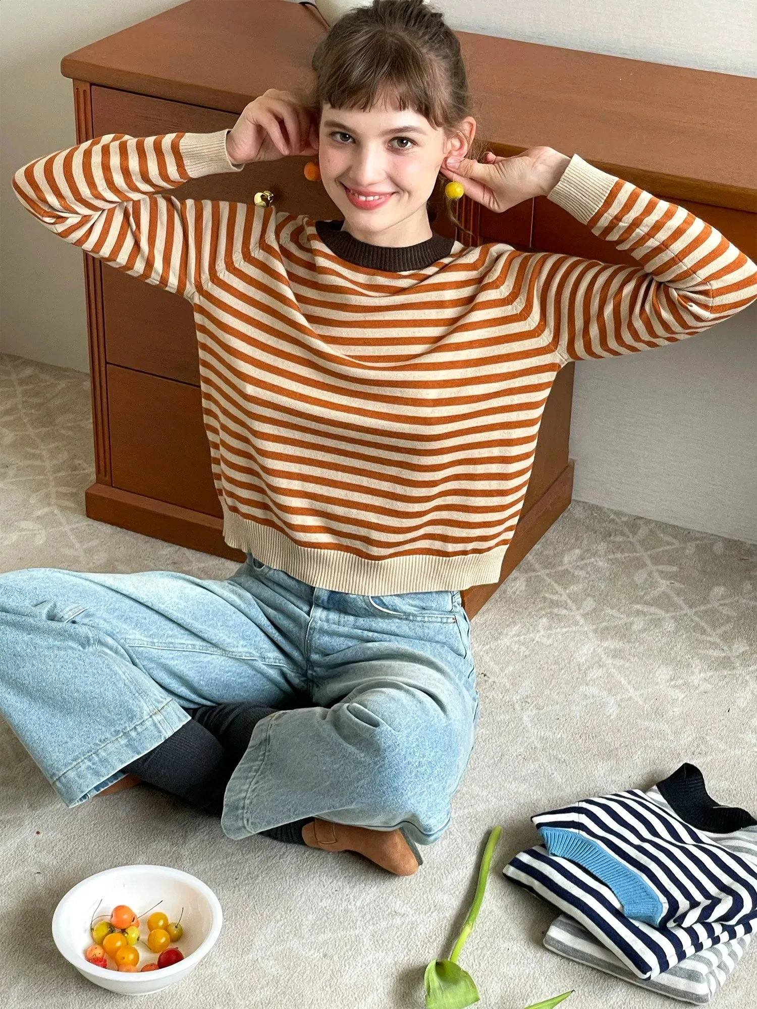 Pull Rayé Oversize Femme - Sweat-shirt Long Décontracté Manches Longues - Haut Ample Style Casual