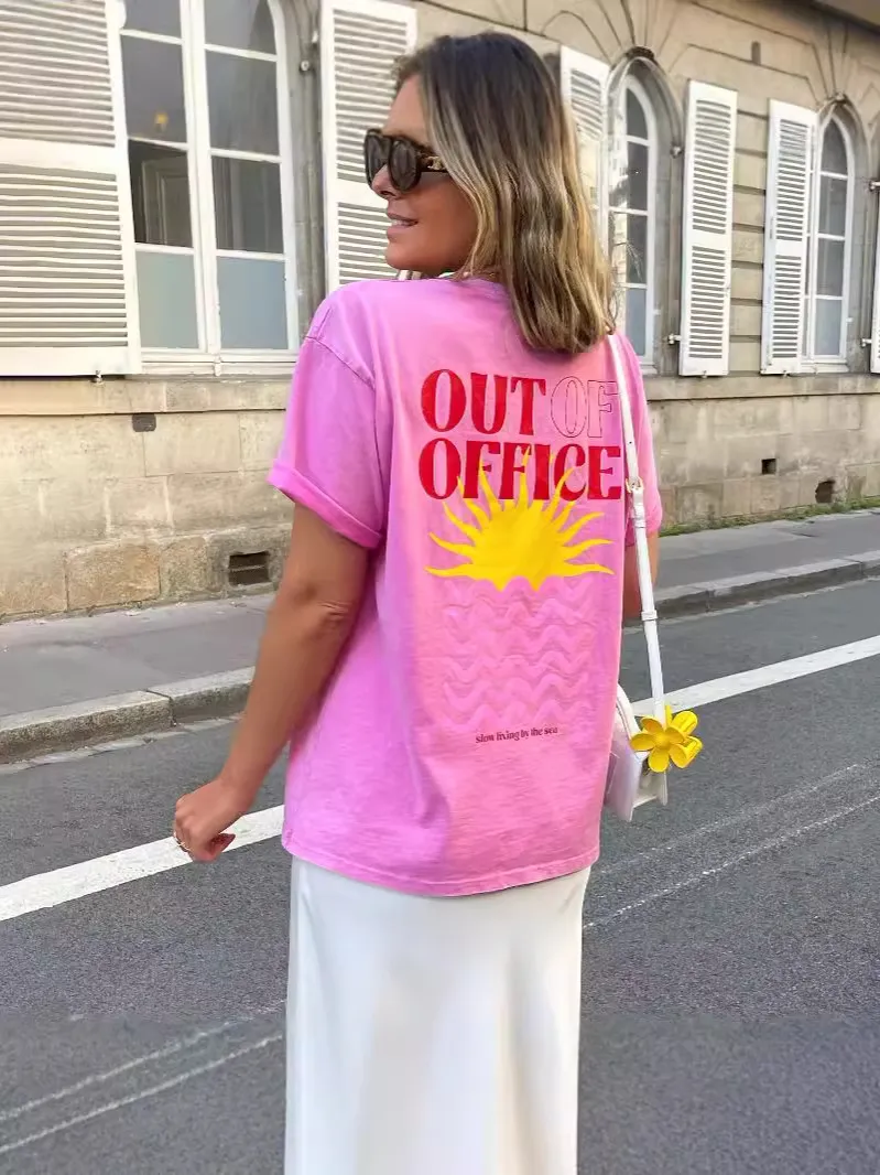 Women's Short Sleeve T-Shirt - Loose Fit Printed Tunic Top, Comfy Casual Blouse For Summer & Vacation, Pink