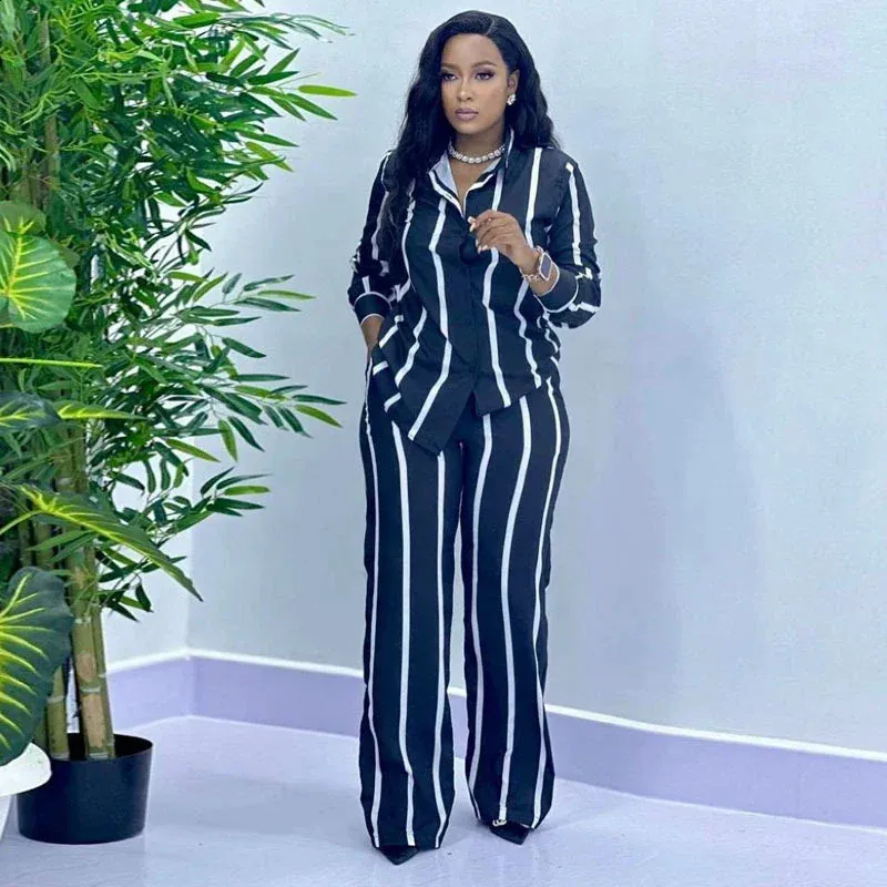 African Fashion Striped Button Two Piece Set For Women Long African Fashion Striped Button Two Piece Set For Women Long