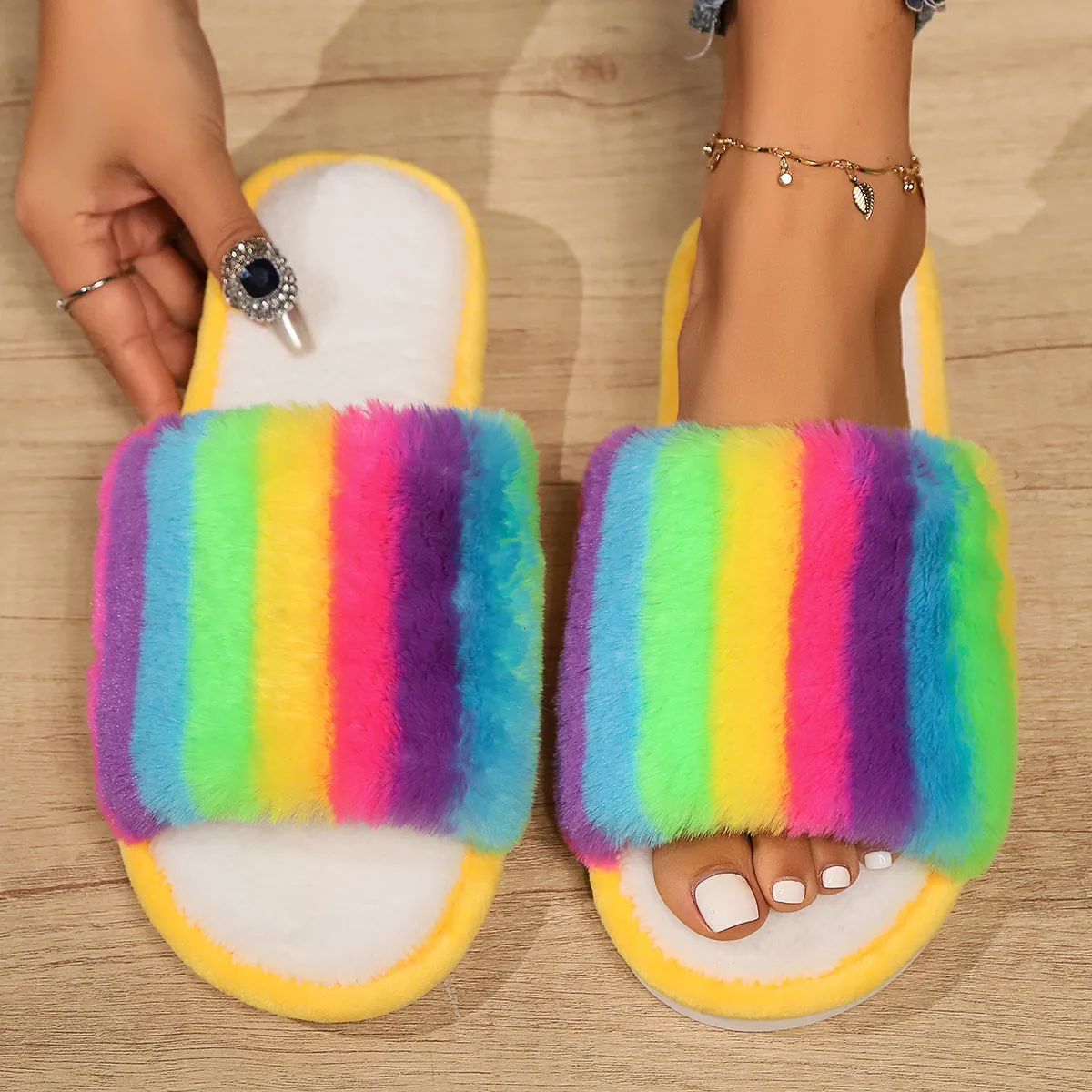 House Slippers Fluffy Rainbow Slippers Rainbow Fur Home Slippers - Main Image