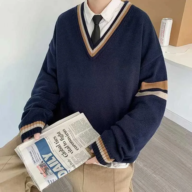 CL240924 Mens V Neck Pullover Sweater Oversized Splicing Long