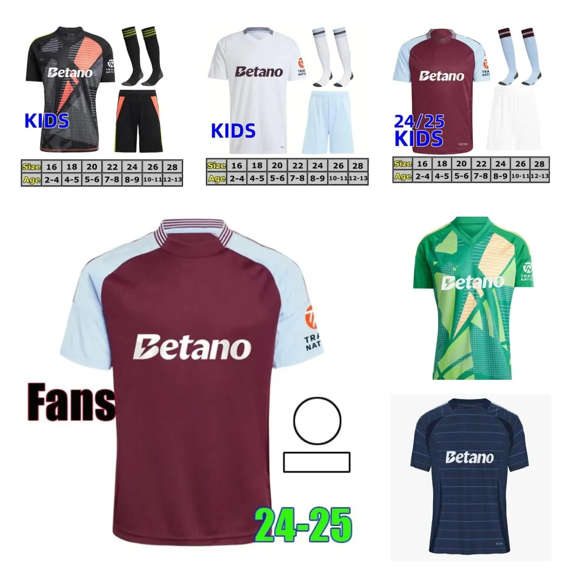 Aston Villa Kids Soccer Jersey /24 Home, Away Third Kits! BUENDIA,  LUIZ, MINGS, WATKINS Boys Girls Football Shirt