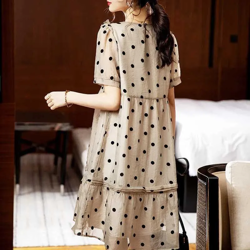 Vintage Polka Dot A-line Chiffon Polka Dot dress for Women - Short Sleeve, Split Joint, Thin - Perfect for Office and Summer - M240924