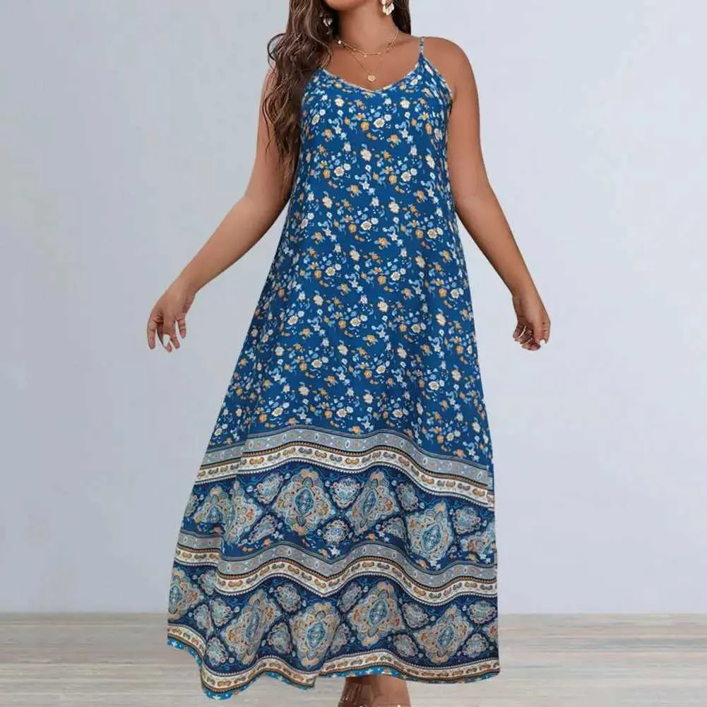 Bohemian Flower Print Plus Size Plus Size Maxi Sundresses for Women - Sleeveless, Backless, A-Line, Loose Strappy, Perfect for Summer Beach - M240924