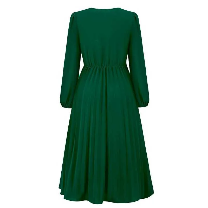 Womens V Neck Long Sleeve Belted Pleated Floor-Length Dress with High Waist  in Solid Color from Dhgate Basic & Casual Dresses - price 28.66