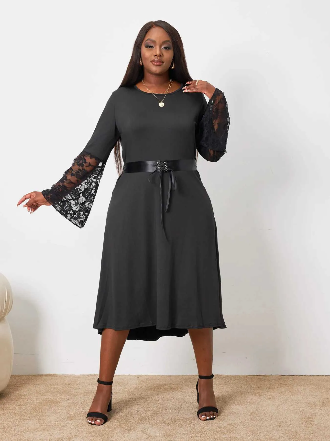 Winter Plus Size A-line gothic dress with Lace-Up Nipped Waist and Contrast Bell Sleeves, Round Neckline, High and Low Hem - M240924