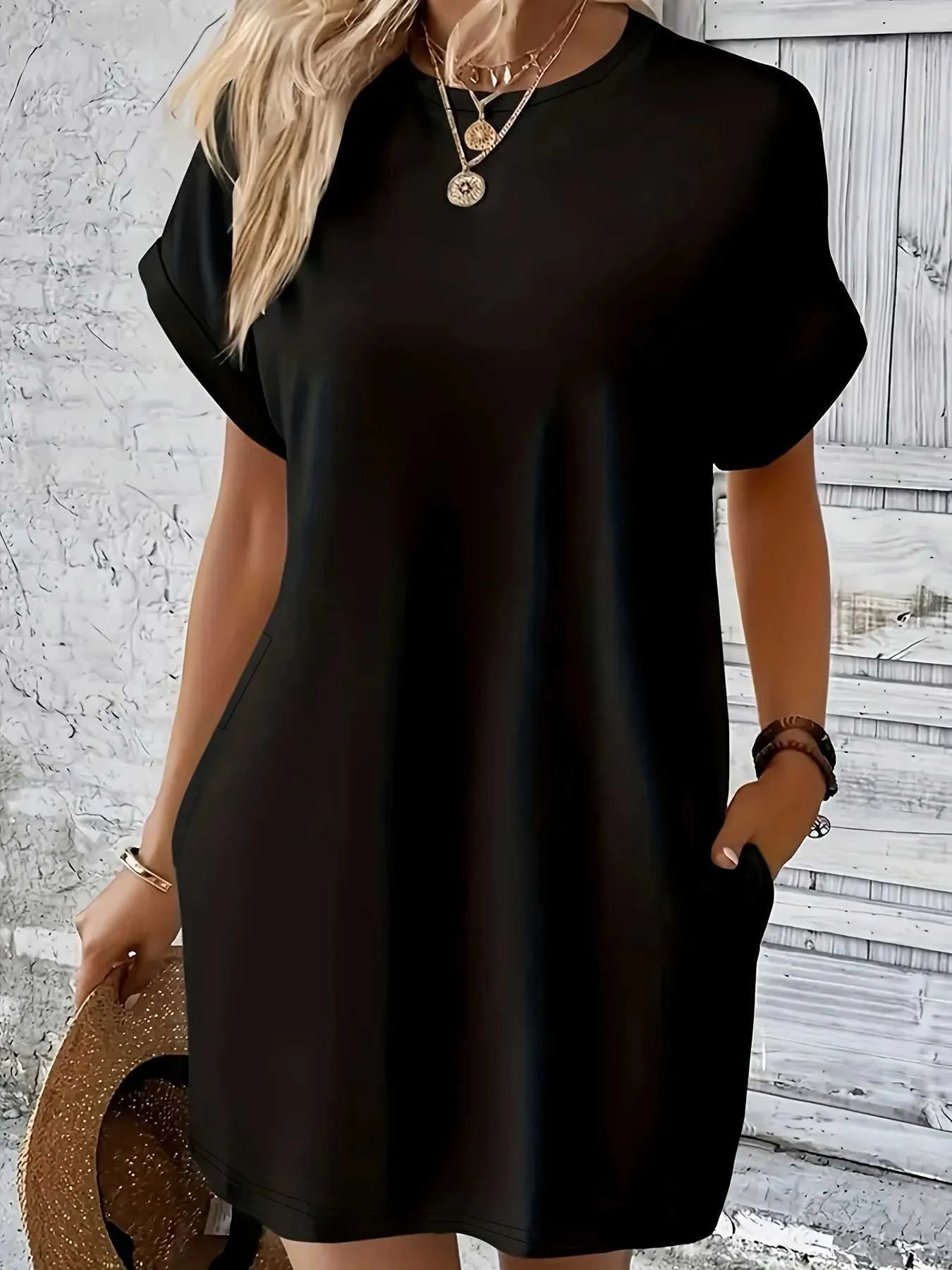 Plus Size Black Velvet Casual Dress With Pockets –... From Jichang_store1,  $11.89