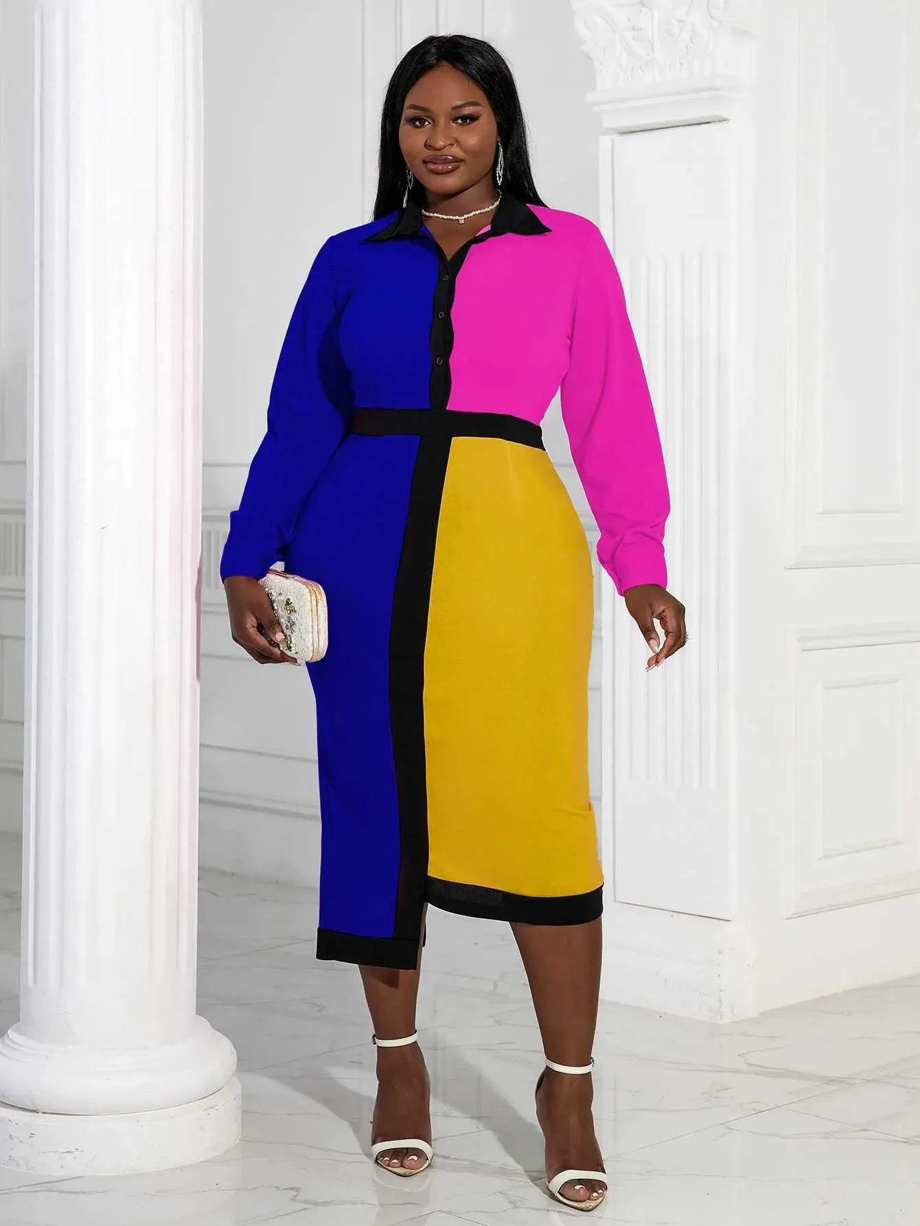 Plus Size Elegant Color Plus Plus Blocks Midi Dress with Lapel and Button Down for Office, Club, and Streetwear - M240924