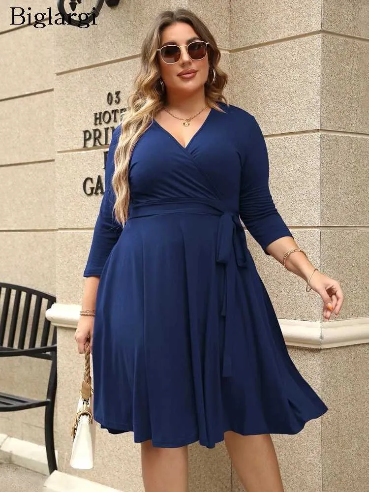 Plus Size Summer Midi Dress Women V-Neck Fashion Elegant Ruffle Ladies Dresses High Waist Loose Pleated Woman A-Line Dress M240924