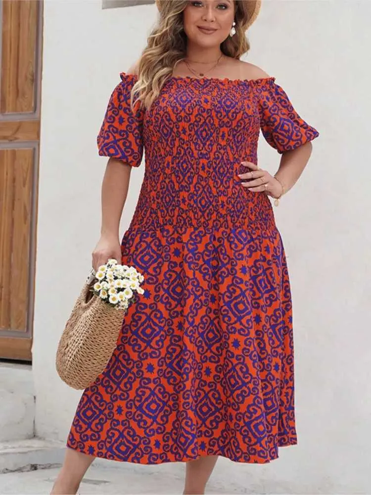 Striped Print Off-Shoulder Ruffle Midi dress with sleeves for Plus Size Women - Spring/Summer Fashion, Pleated Midi Style (M240924) Striped Print Off-Shoulder Ruffle Midi dress with sleeves for Plus Size Women - Spring/Summer Fashion, Pleated Midi Style (M240924)