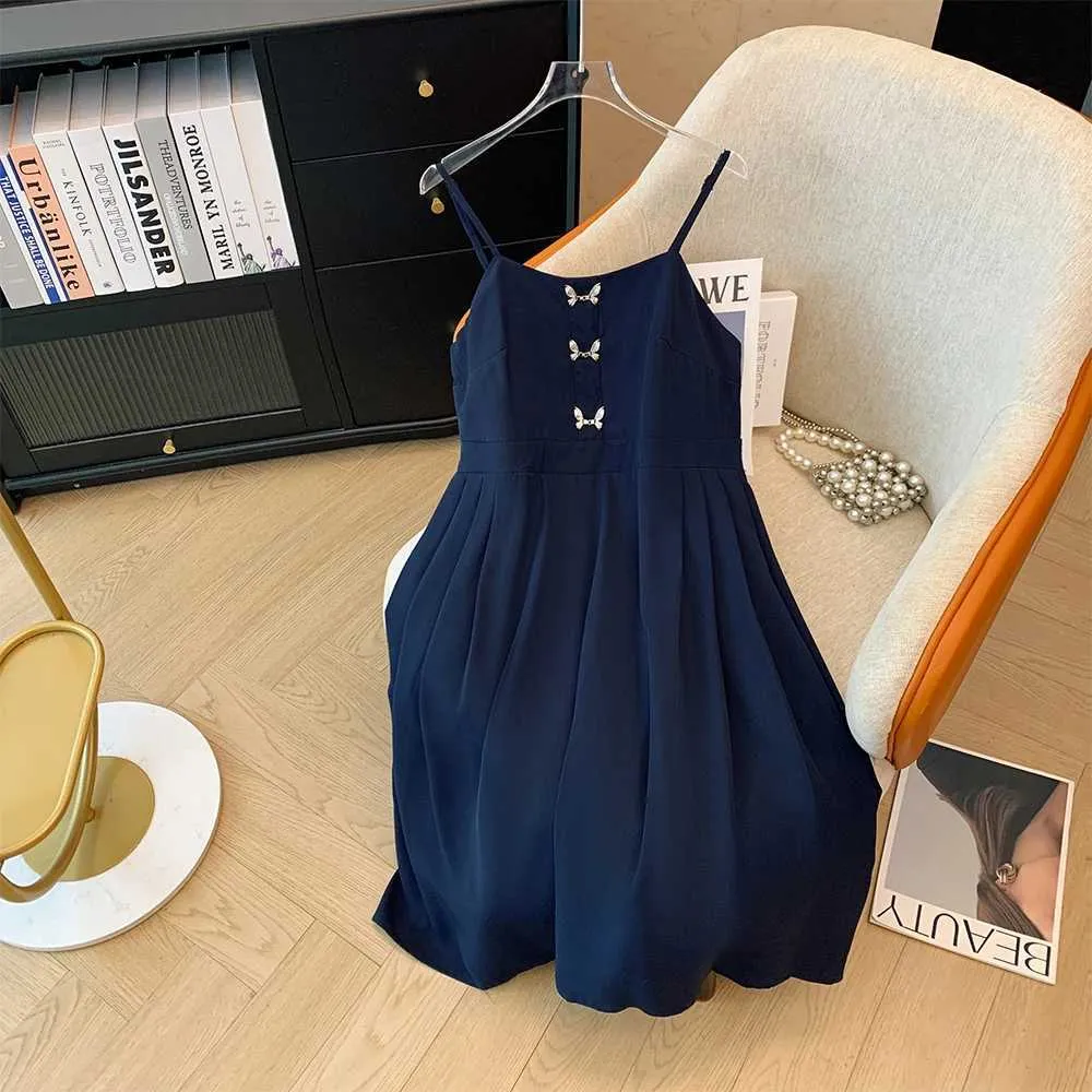 Dark Blue Chiffon Bow A-line Slip butterfly dress for Plus-Size Women - Comfortable Summer Casual Wear with Loose Fit and Long Skirt - M240924