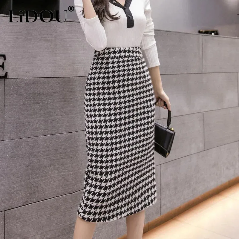 Elegant High Waist Pencil Skirt - Houndstooth Print, Perfect