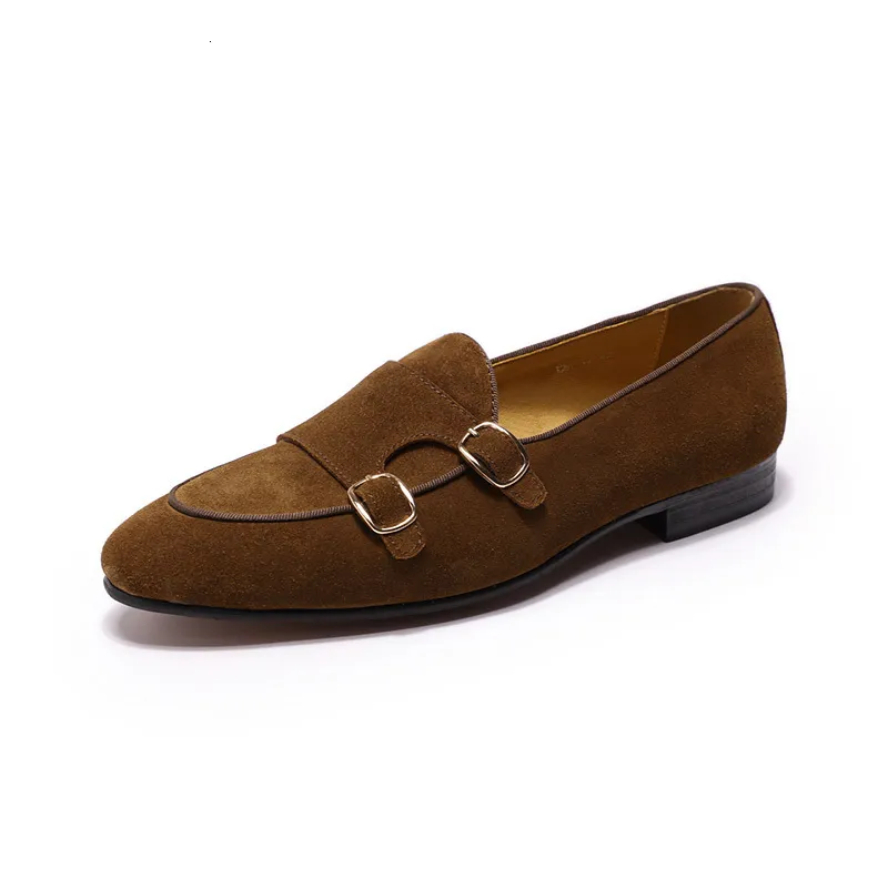Fashion Mens Chocolate Brown Suede Monk Strap Loafers‎ Gold Buckle Size 45 MONK STRAP SHOES BROWN SUEDE | CARMINA main image 3
