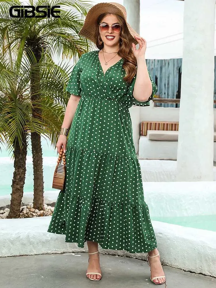 Save Big on Bulk Plus Size Vintage Polka Dot Dress Plus Size Women's Summer  Polka Dot Maxi Dress V Neck, Butterfly Sleeves, Ruffle Hem, Vintage Style 