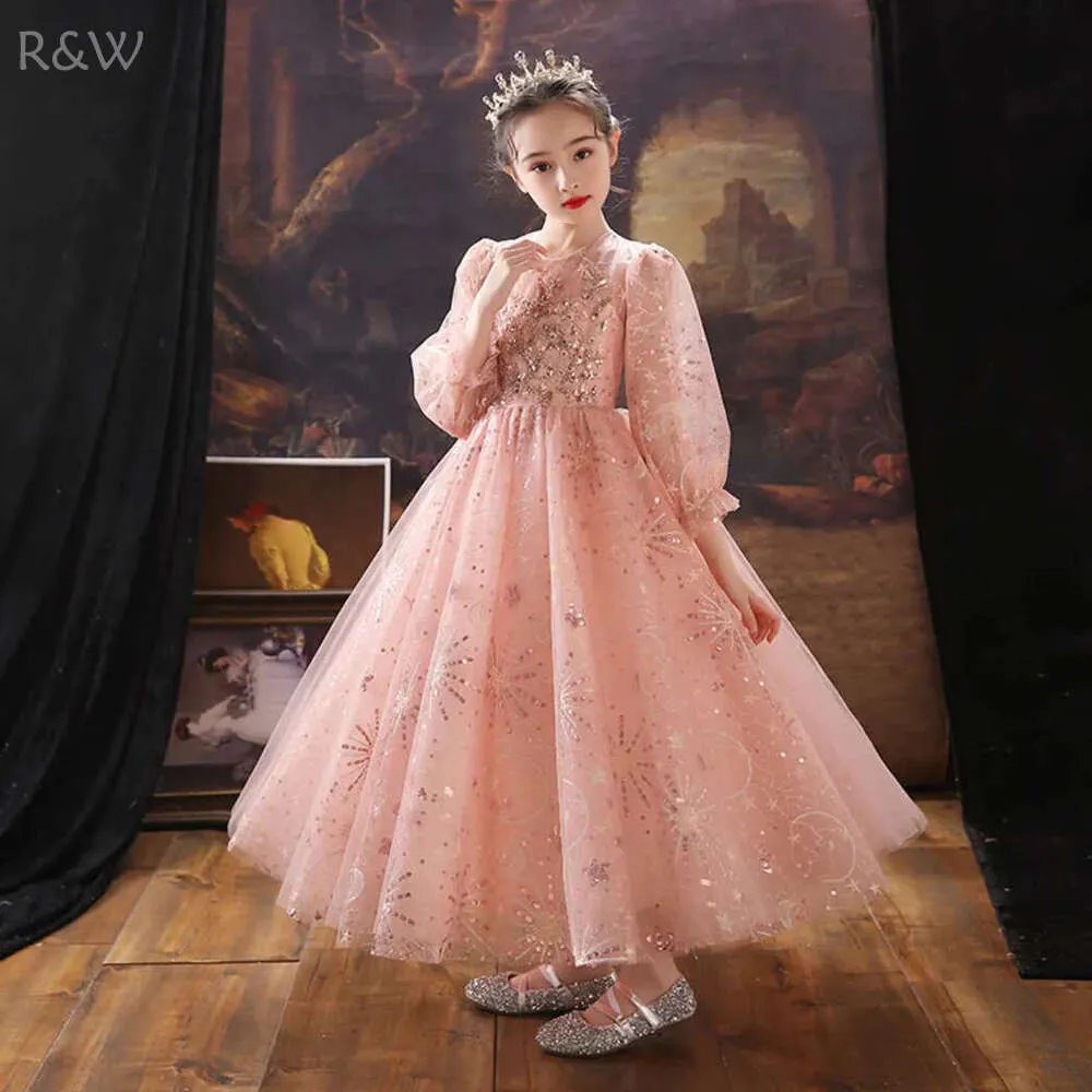 Princess Sequined Dress for Little Girls - R&W Jewel Long Sleeve Lace Appliques, Big Bow, Sweep Train Princess Sequined Dress for Little Girls - R&W Jewel Long Sleeve Lace Appliques, Big Bow, Sweep Train