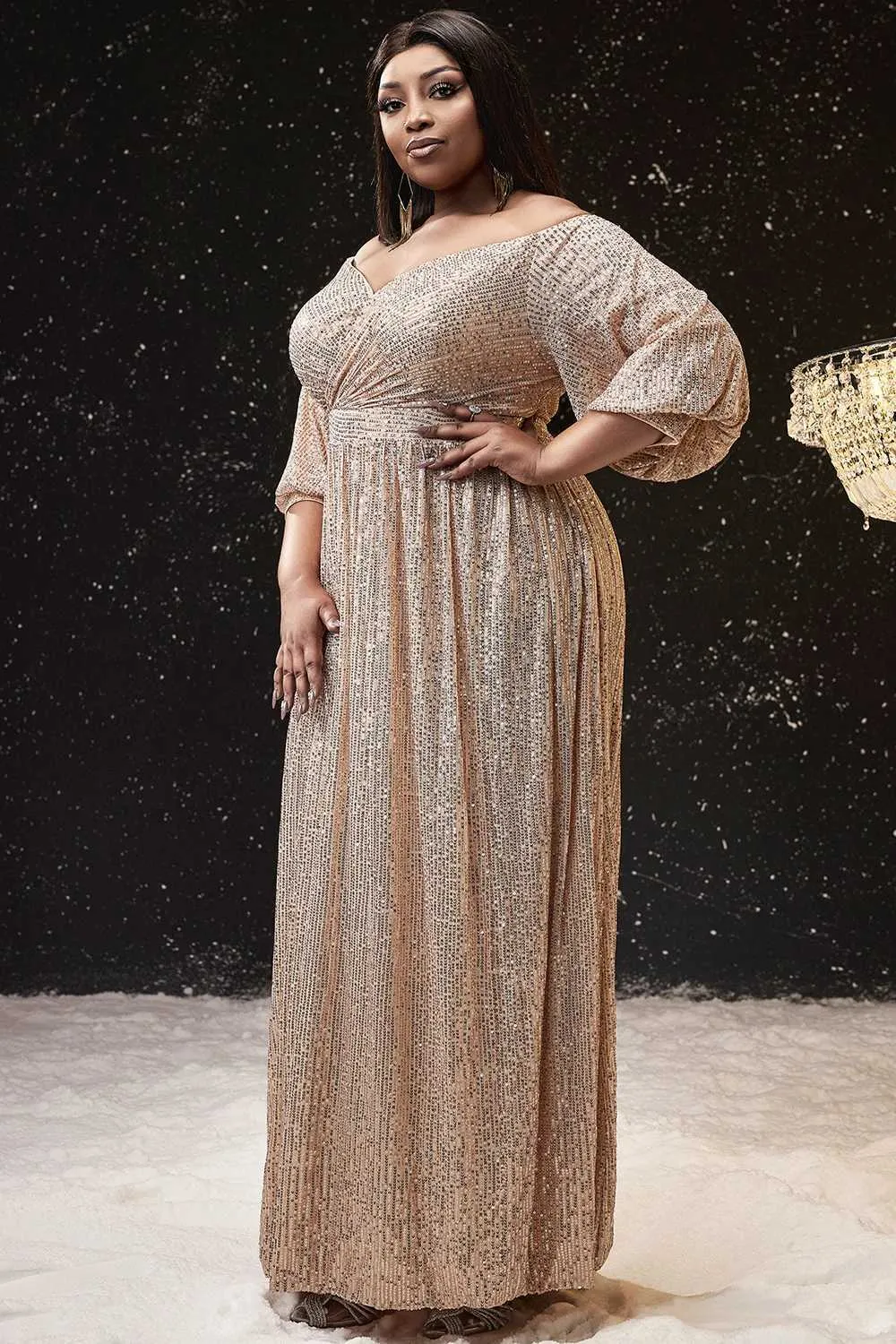 Off-Shoulder Apricot Plus Size Maxi Dresses with Sleeves for Plus Size Women - Perfect for Formal Occasions, Weddings, and Cocktail Parties (M240924)