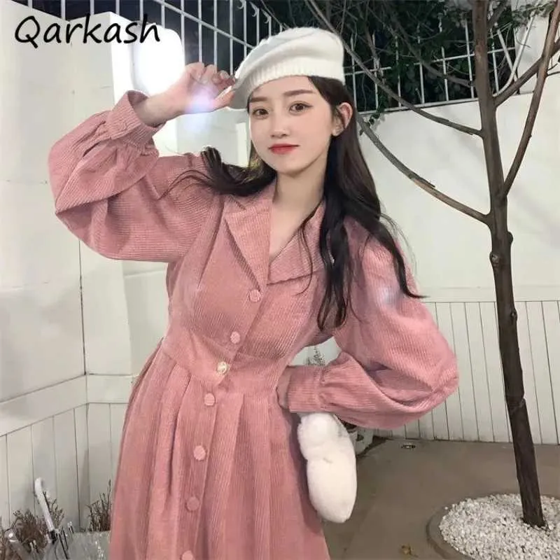 French Style Corduroy Knee-Length Dress with Button-Up Front