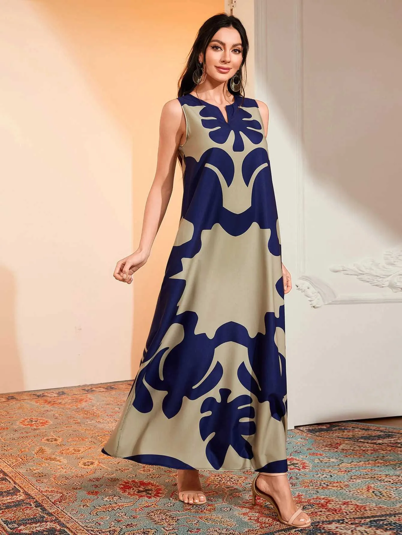 Abito Lungo Maxi Donna, Estivo Floreale Con Scollo A V, Maniche Corte, Tasche, Vita Alta, Spiaggia