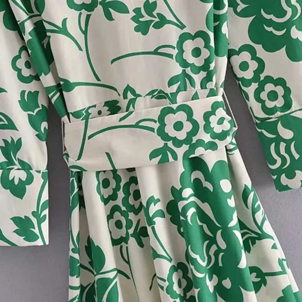 Green Floral Print Midi Dress with Bow printed sashes - Chic Summer Beach Style for Women - Long Sleeve, Casual, Slim Fit - XEASY M240924