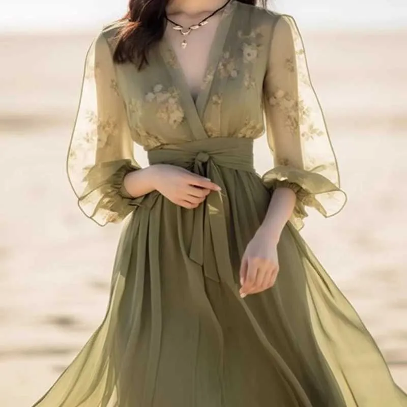 High Street French Style long chiffon dress with Sleeves and Lacing Patchwork for Women - Spring/Autumn Fashion (M240924)