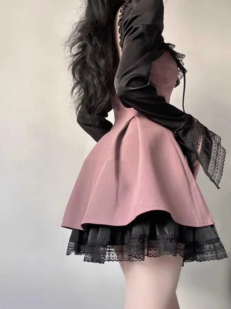 Pink Lace Panel Long Sleeve gothic dress - Sexy Summer Outfit for Women - Slim Fit Goth Club Party gothic dress (M240924) Pink Lace Panel Long Sleeve gothic dress - Sexy Summer Outfit for Women - Slim Fit Goth Club Party gothic dress (M240924)