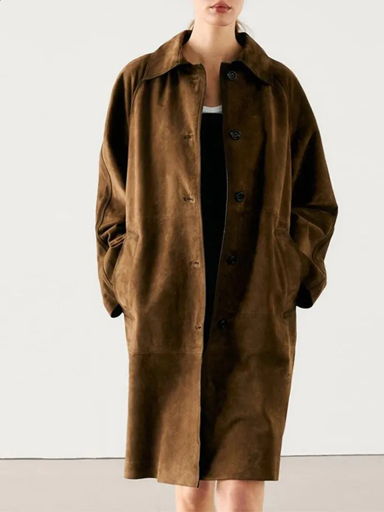 Faux Suede Jacket Women Long Coat Lapel Collar, Full Sleeve