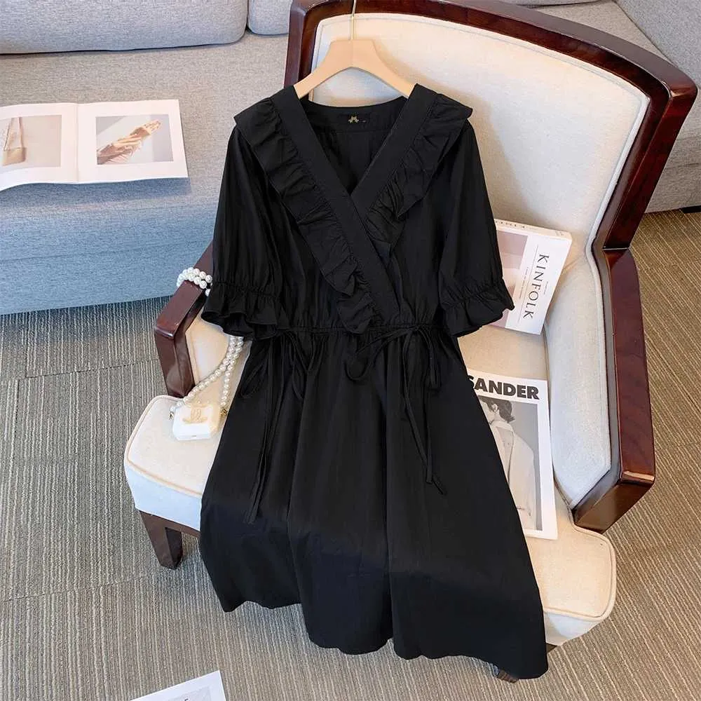 Black Knee-Length Dress with Ruffled Sleeves and Drawstring Waist Black Knee-Length Dress with Ruffled Sleeves and Drawstring Waist