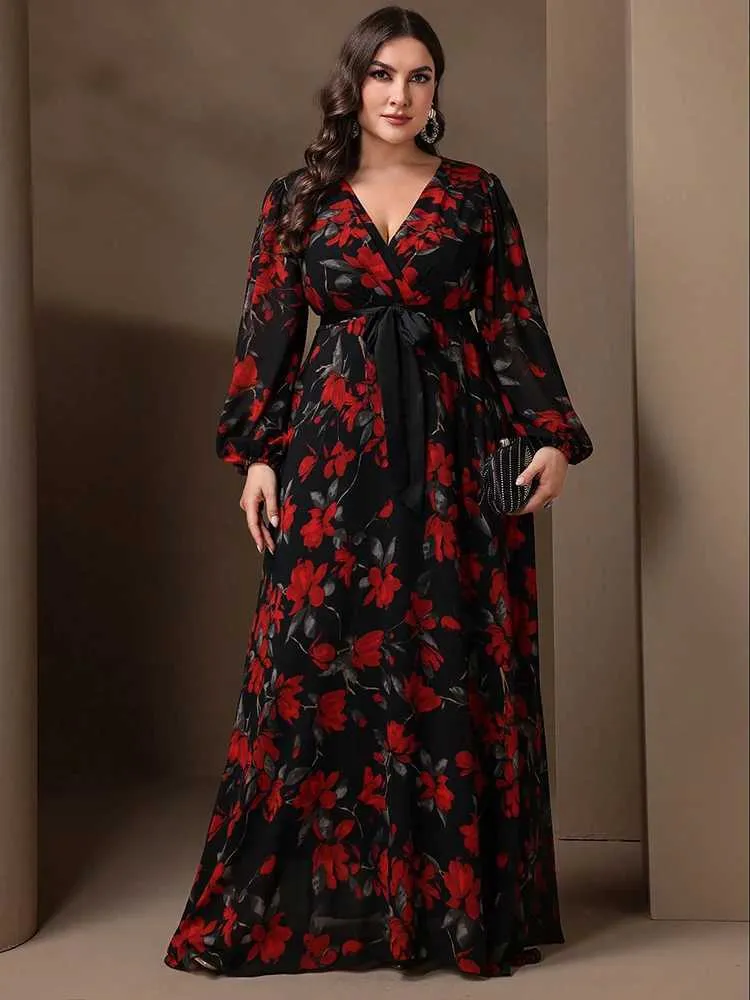 Elegant Plus Size Floral Maxi Dresses With Lantern Sleeves Womens