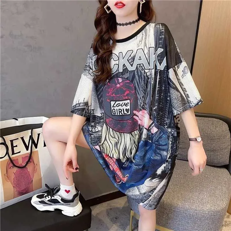 Korean Style Quick-Dry Women's Summer T-Shirt midi dress with sleeves with Oversized Hollow Out Mini midi dress with sleeves - M240924