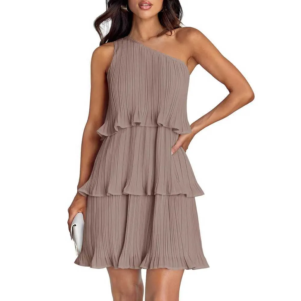 one shoulder pleated asymmetric mini dress Azulu Maroon Scalloped Asymmetric Linen Mini Dress main image 1