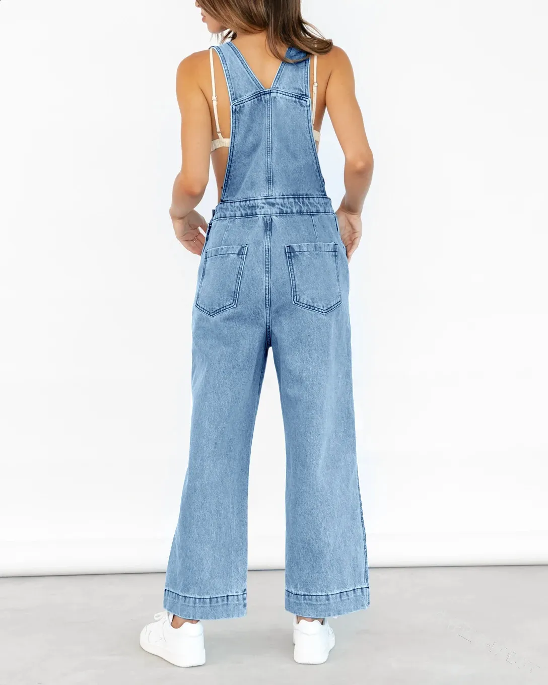 Womens Denim Jumpsuit with Pockets - Casual Wide Leg