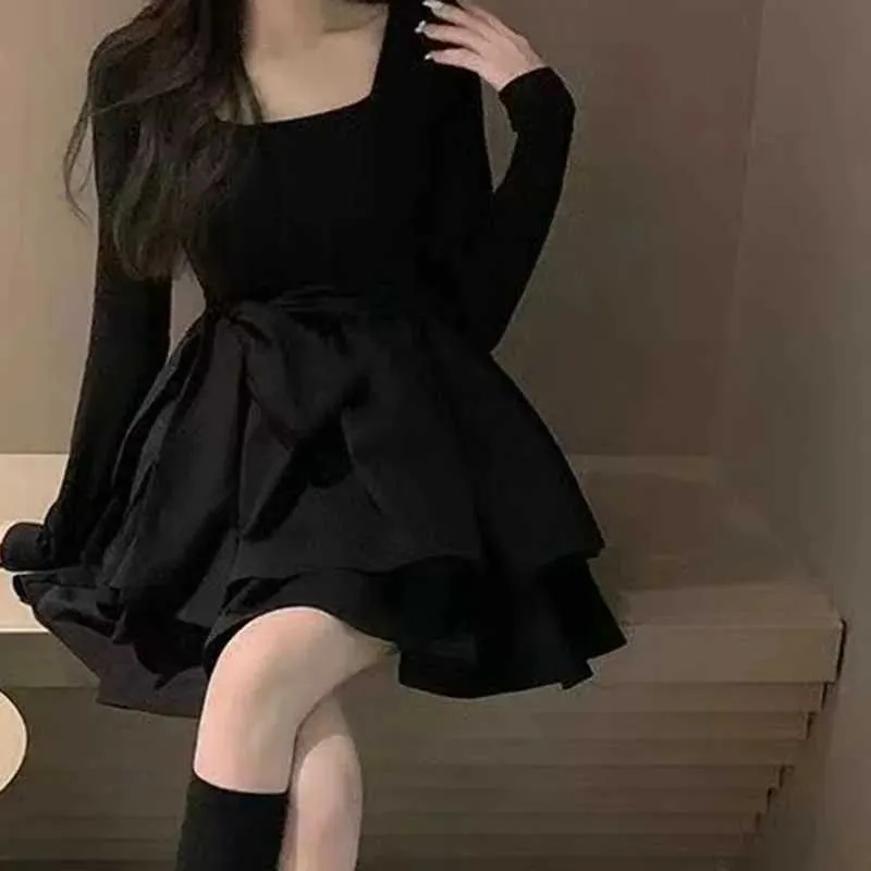 Lace Black Long Sleeve Short Formal Dress Korean Style Long Sleeve Drees  Women Autumn Patchwork Square