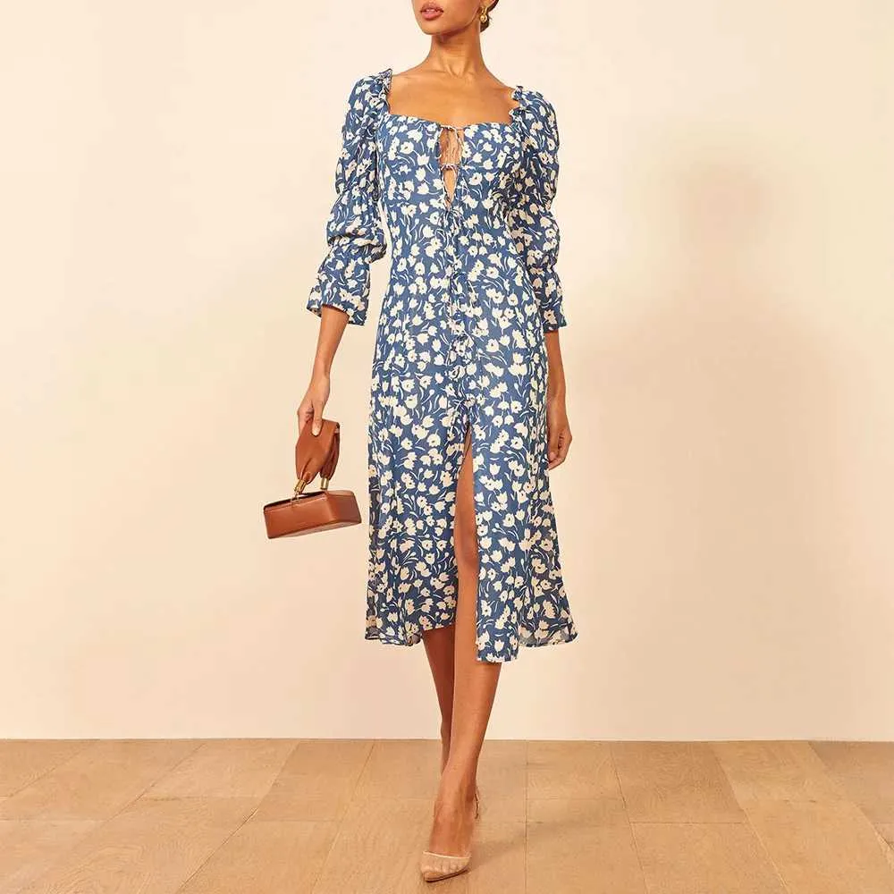 Product Title: Vintage Floral Print Ruffle Midi Dress for Women - Elegant Chiffon Floral Midi Sundress with Three Quarter Sleeves (M240924)Product