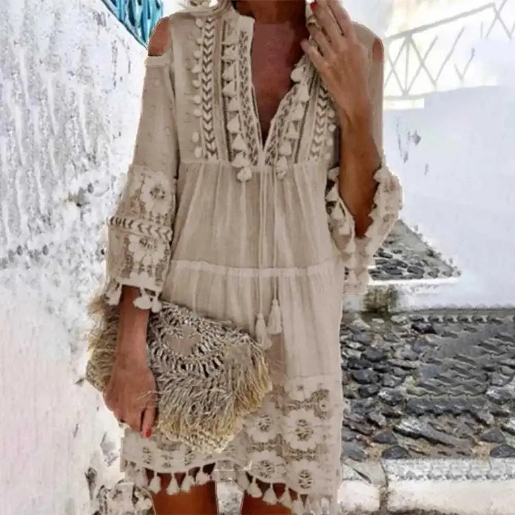 Boho Chic Women's Boho Shift Dress with Tassel Fringe, Lace Robe, and Deep V-Neck - Long Sleeves, Strapless, Perfect for Summer Casual Wear and